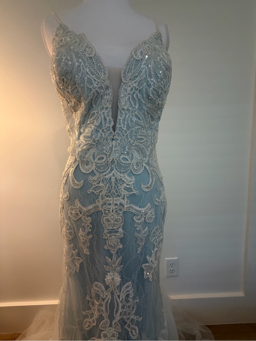 2 Cute Light Blue and White Lace Mermaid Prom Dress - Picture 6 of 11